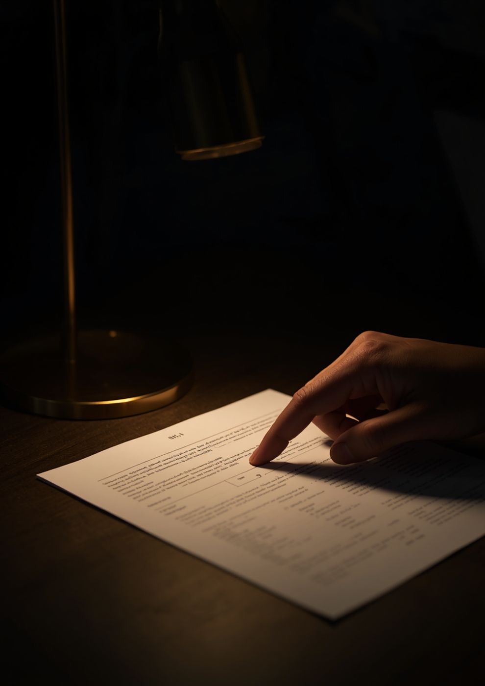 A finger pointing to a clause on a document under a desk lamp.