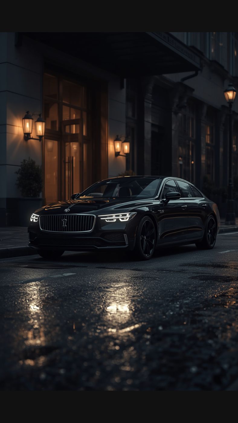 A black luxury sedan waiting outside a hotel entrance at night.