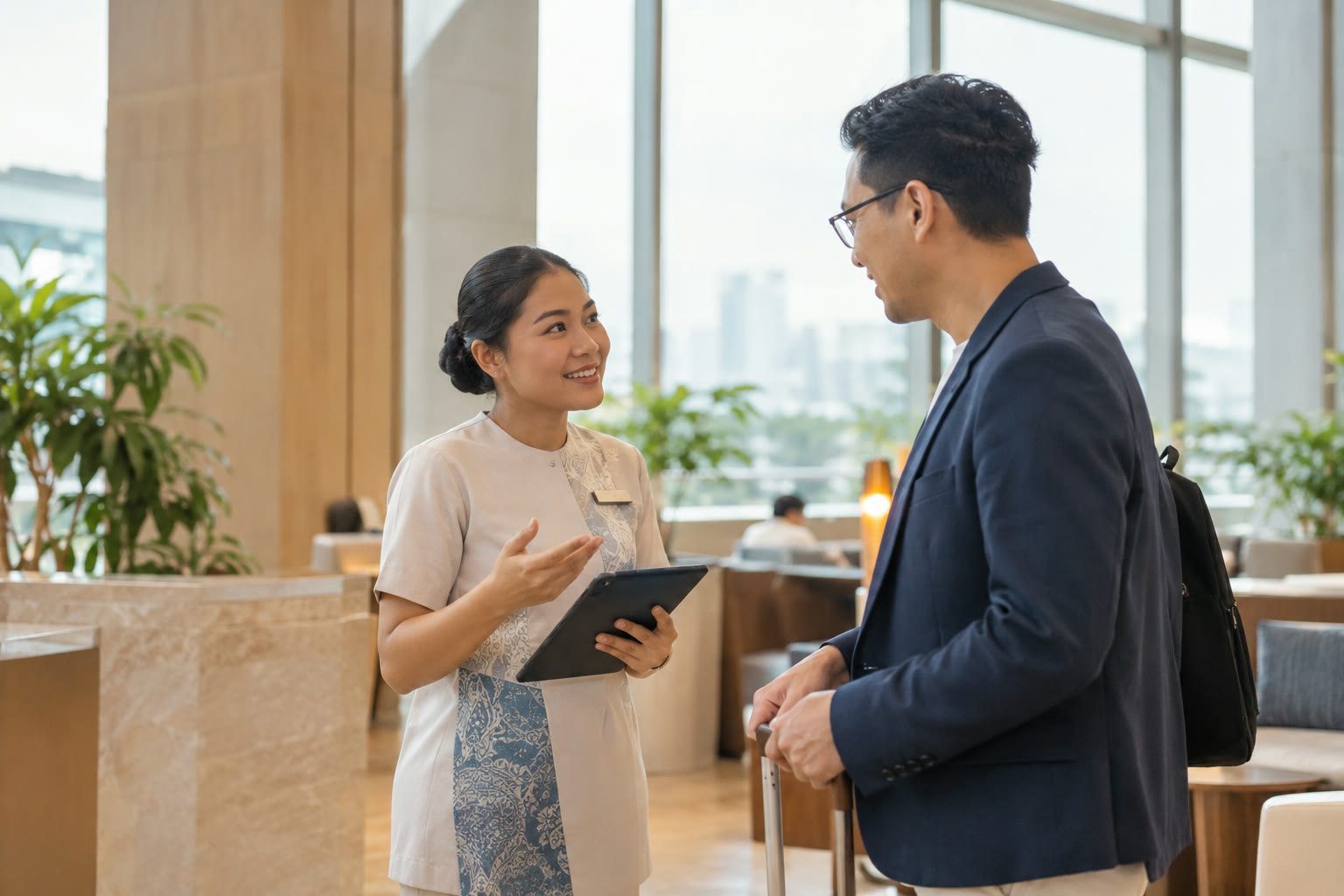 A hospitality staff member assisting a business traveller with a tablet in a hotel lobby.