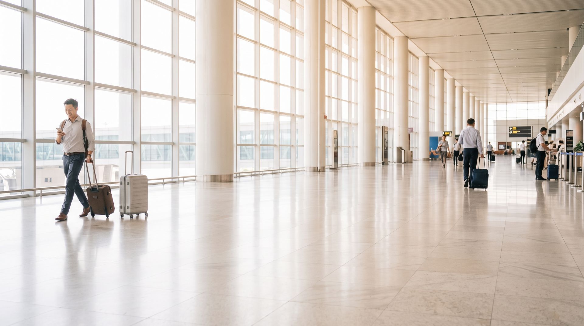 Business travellers walking through a bright, modern airport terminal, wheeling luggage past gate signage.